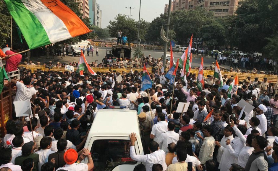 Loktantrik Janata Dal leader Sharad Yadav, CPI leader D Raja and TMC's Nadimul Haque joined the Congress protest that started from outside Dayal Singh College on Lodhi Road. Firstpost/Ravishankar Singh